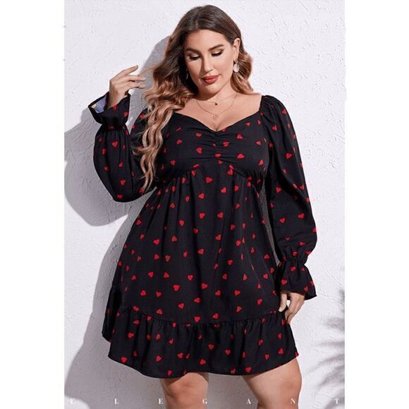 ❤ Plus Size Valentine’s Day Long Sleeve Heart Print Black Dress NWT - Picture 1 of 16